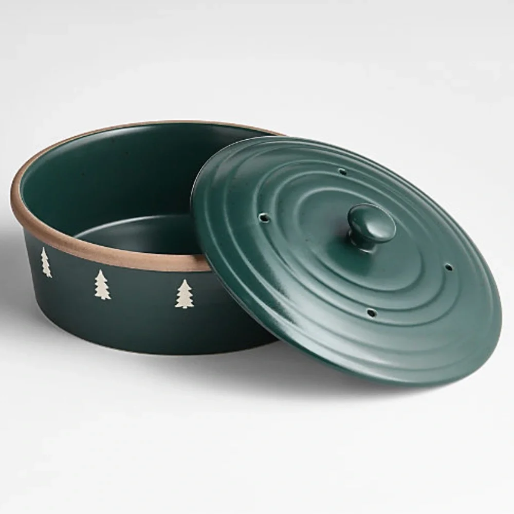 New! Crate&Barrel Green Tree Ceramic Casserole Dish with Lid